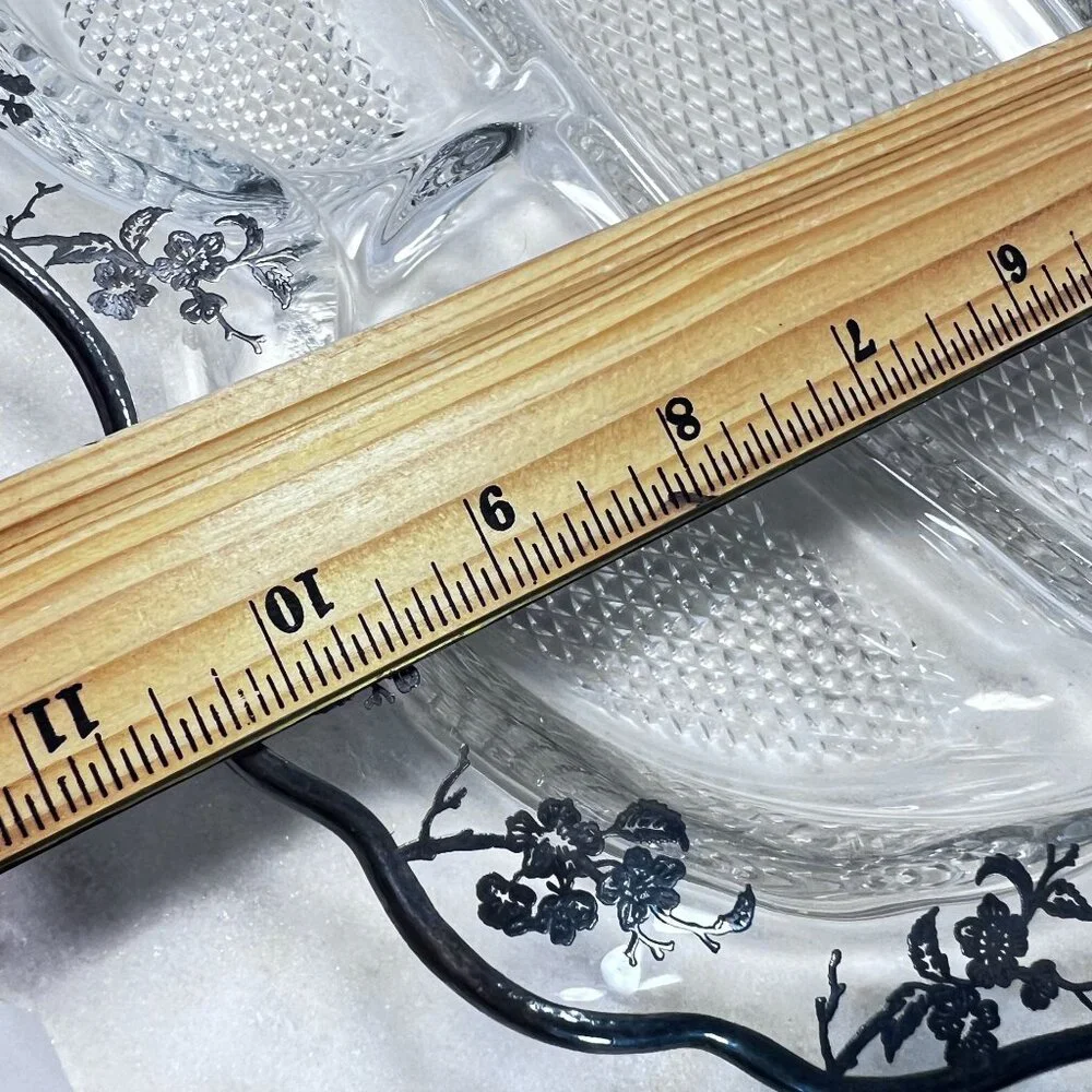 Vtg Divided Glass Relish Tray Silver Overlay Floral Rim Design Textured Sections